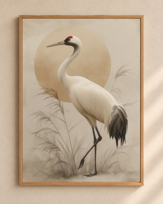 Ivory Crane Sun art print in a light oak frame on a pale plaster wall