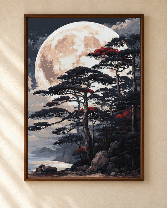 Moon Over Pines art print in a walnut frame on a cream plaster wall