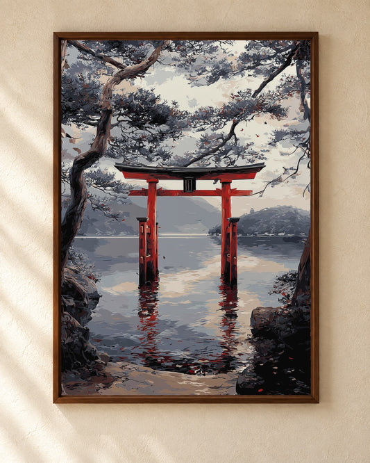 Silent Torii Lake art print in a walnut frame on a cream plaster wall
