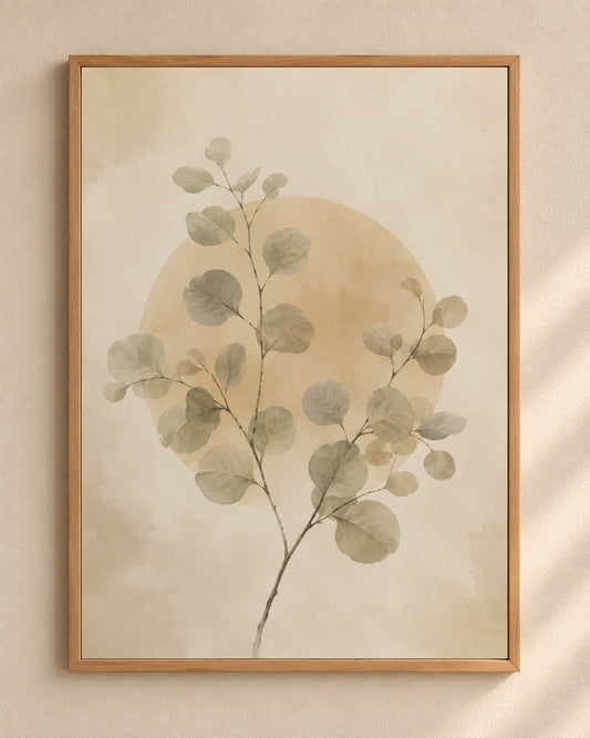 Ivory Eucalyptus Balance art print in a light oak frame on a pale plaster wall