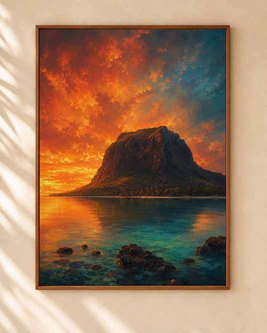 Le Morne Dusk Fire art print in a walnut frame on a cream plaster wall