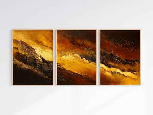 Molten Surge Panorama — close-up detail — luminous golden diagonal surge through dark amber and near-black masses