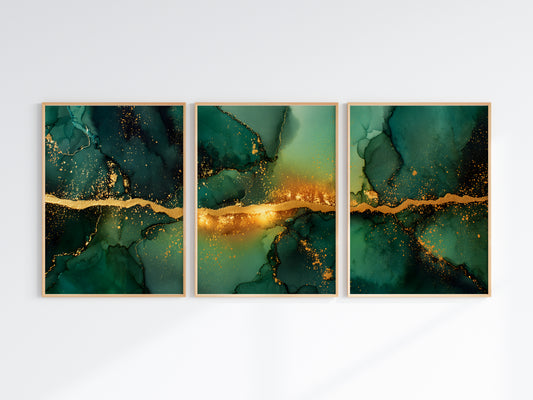 Emerald Gold Panorama — close-up detail — luminous gold seam and emerald ink depth