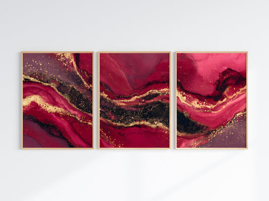 Garnet Gold Panorama — close-up detail — antique gold fault lines in deep crimson and garnet ink