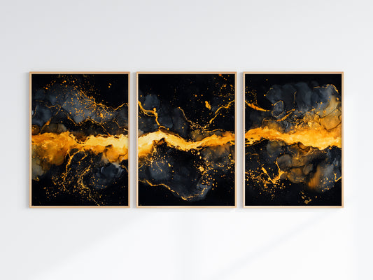 Obsidian Gold Panorama — close-up detail — bold horizontal gold river cutting through dark ink masses