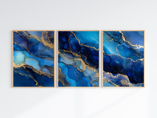 Cobalt Gold Panorama — close-up detail — diagonal antique gold fault lines in cobalt and sapphire ink