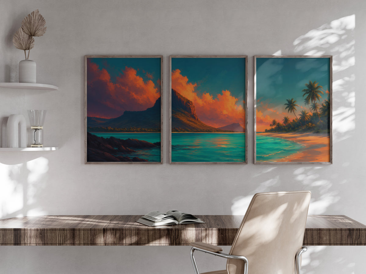 Le Morne Ember Lagoon panorama in a secondary lifestyle interior — printable Mauritius triptych for feature walls