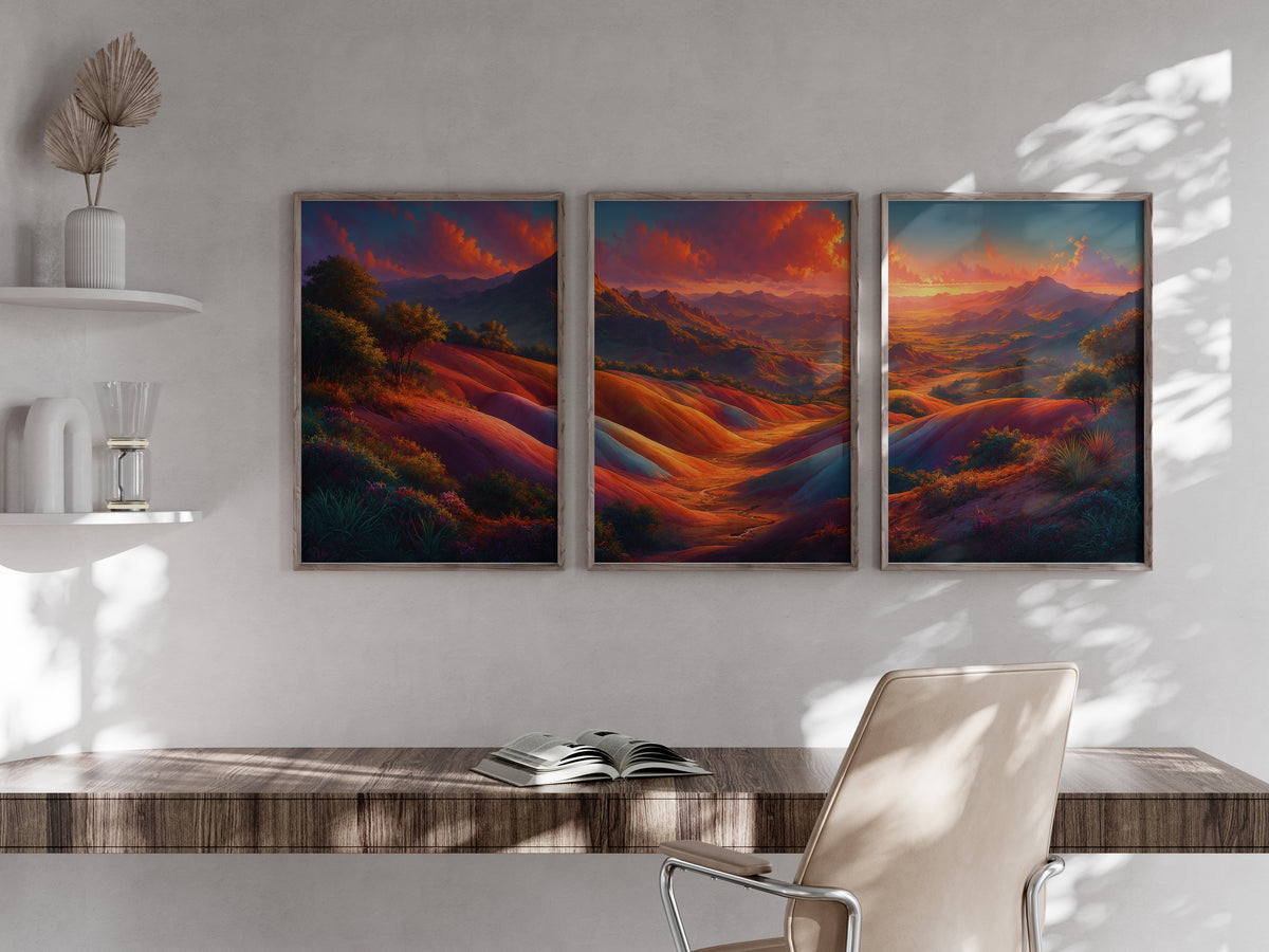 Chamarel Seven Coloured Earth panorama in a secondary lifestyle interior — printable Mauritius triptych for feature walls