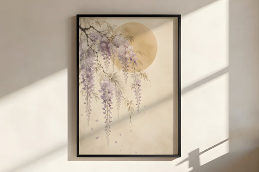 Close-up of Ivory Wisteria Fall showing wisteria bloom detail and delicate ink-wash branch texture