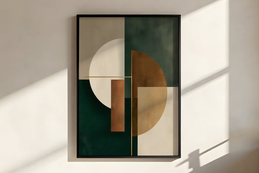 Close-up of Verdant Form Balance showing ivory circle and bronze amber geometric forms with gold accent detail