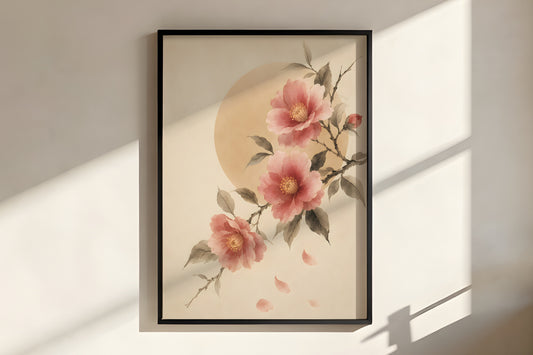 Close-up of Ivory Camellia Bloom showing camellia petal detail and ink-wash branch texture