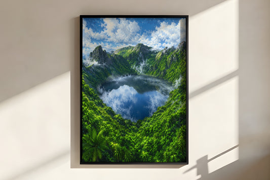 Close-up of Grand Bassin Sacred Lake showing painterly tropical forest canopy detail and sacred lake water cloud reflection