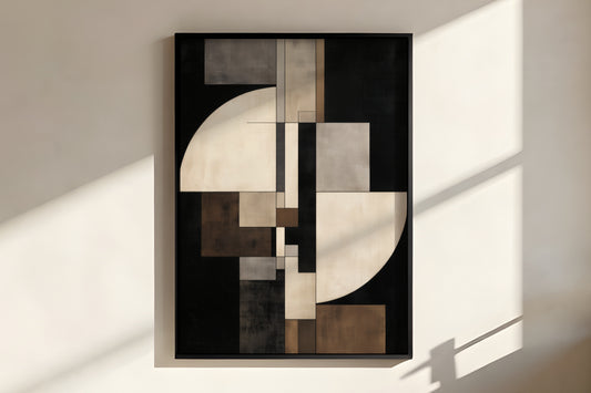 Close-up of Midnight Form showing matte painted canvas texture and bold dual semicircle geometric composition