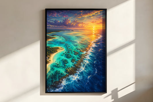 Close-up of Blue Bay Reef Dawn showing painterly coral reef pattern and turquoise lagoon water detail