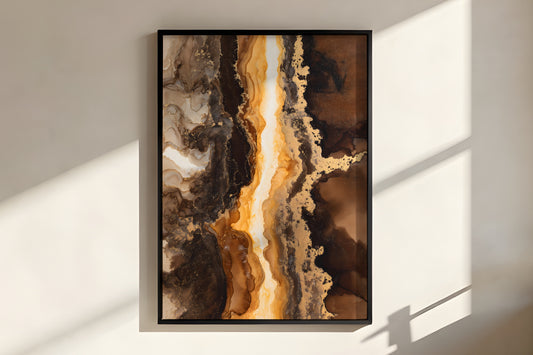 Close-up of Mocha Gold showing warm espresso ink layers with blazing vertical antique gold seam