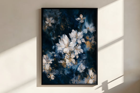 Close-up of Midnight Ivory Blossom showing expressive painterly brushwork with open ivory flower forms and faint gold accents on deep midnight navy ground