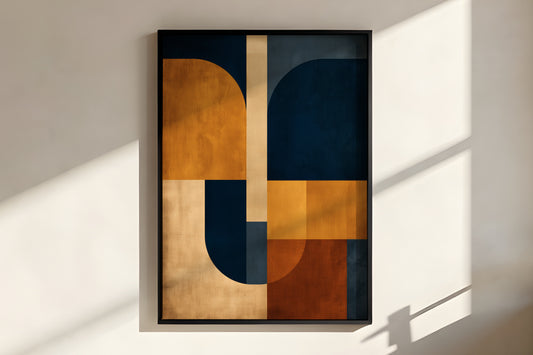 Close-up of Navy Ochre Grid showing ochre and navy curved forms with warm painterly surface texture