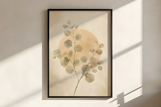 Close-up of Ivory Eucalyptus Balance showing eucalyptus leaf detail and muted sage-grey palette