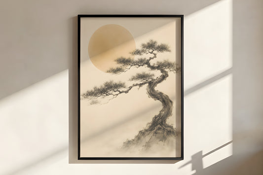 Close-up of Ivory Black Pine Mist showing twisted pine branch and ink-wash mist texture
