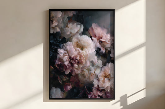 Close-up of Blush Peony Nocturne showing richly detailed peony petal brushwork with ivory and blush gradients and deep mauve accents