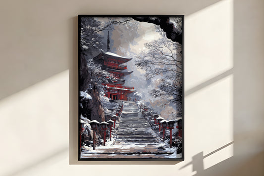 Close-up of Snow Pagoda Ascent showing flat colour blocking and snow-capped stone lanterns on red posts