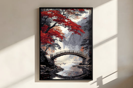 Close-up of Crimson Bridge Reverie showing bridge arch detail and fallen red petals on rocky stream surface