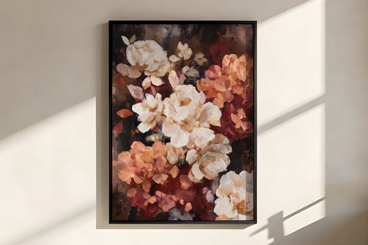 Close-up of Terracotta Peony Nocturne showing richly layered peony petal brushwork with cream ivory focal forms and warm terracotta and rose surrounds