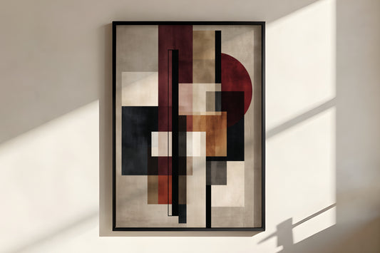 Close-up of Oxblood Linen Balance showing matte painted canvas texture and bold overlapping hard-edge geometric forms