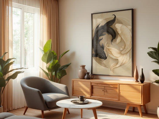 Ivory Koi Balance displayed in a styled interior — Japandi koi wall art above console