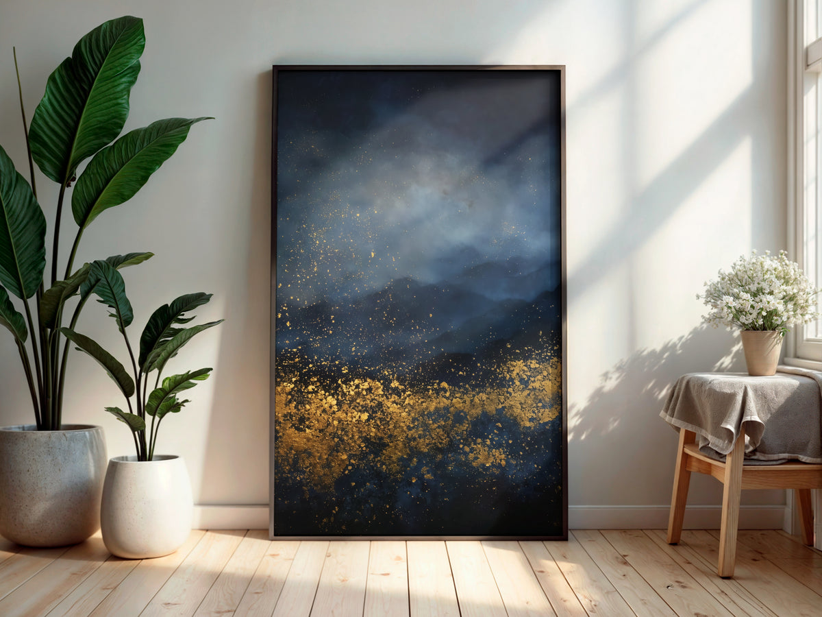 Navy Gold Drift printable wall art displayed in a secondary lifestyle interior setting