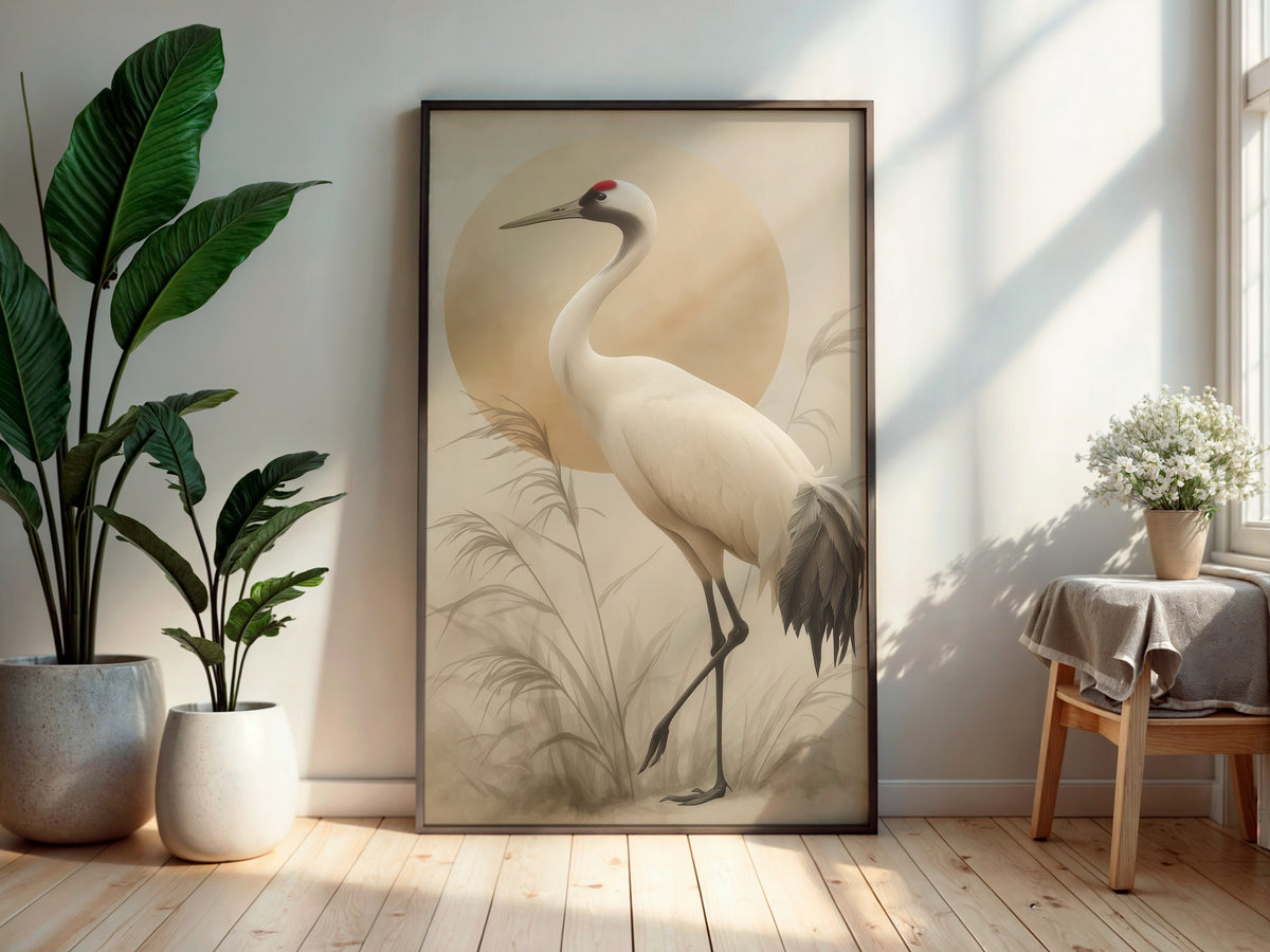 Ivory Crane Sun in a secondary interior — printable Japandi wall art for bedrooms and living rooms