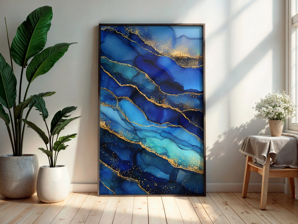 Cobalt Gold printable wall art displayed in a secondary lifestyle interior setting