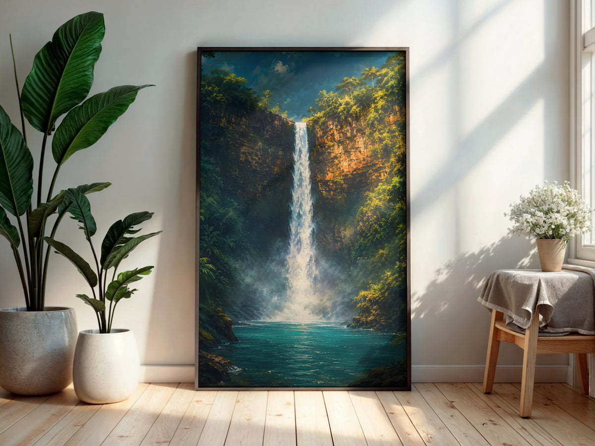 Chamarel Falls in a secondary interior — printable Mauritius wall art for living rooms and feature walls