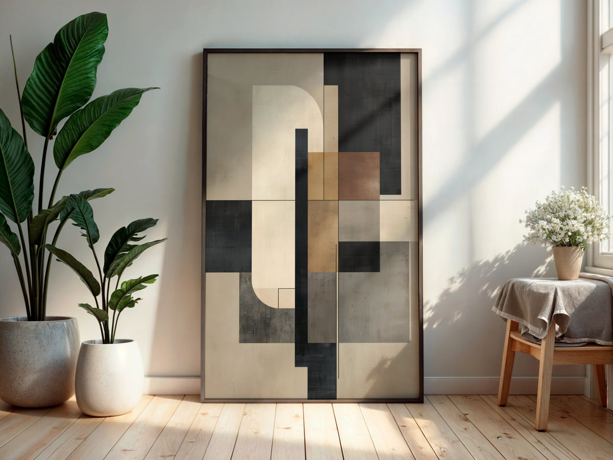Stone Ochre Axis printable wall art displayed in a secondary lifestyle interior setting