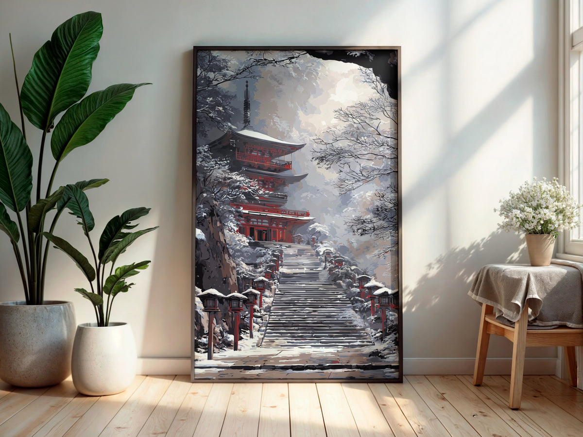 Snow Pagoda Ascent wall art — final artwork — cool grey-white snow with warm peachy sky and crimson red pagoda