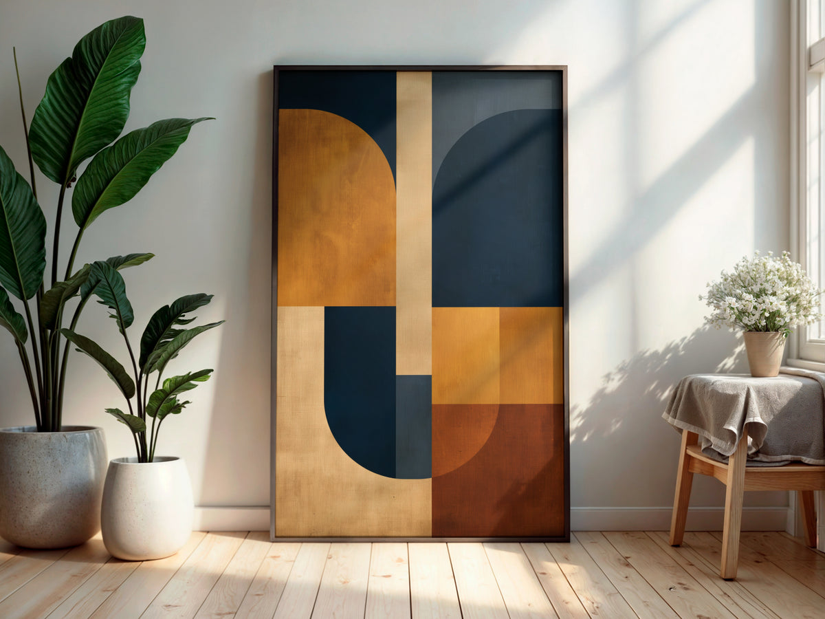 Navy Ochre Grid abstract geometric print styled in a secondary interior mockup