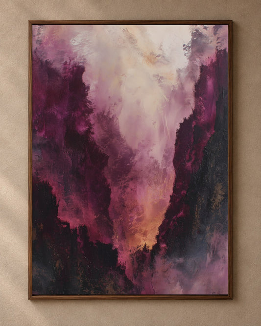 Mauve Ember Haze art print in a dark walnut frame on a warm plaster wall