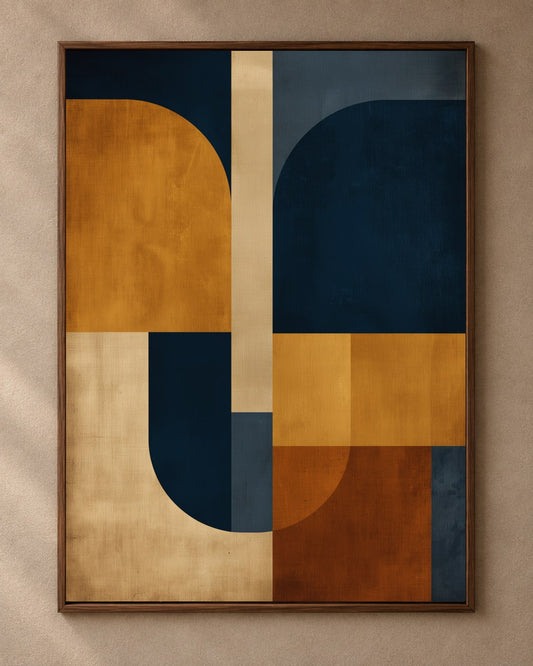 Navy Ochre Grid art print in a dark walnut frame on a warm plaster wall