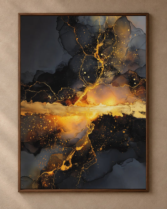 Obsidian Gold art print in a dark walnut frame on a warm plaster wall