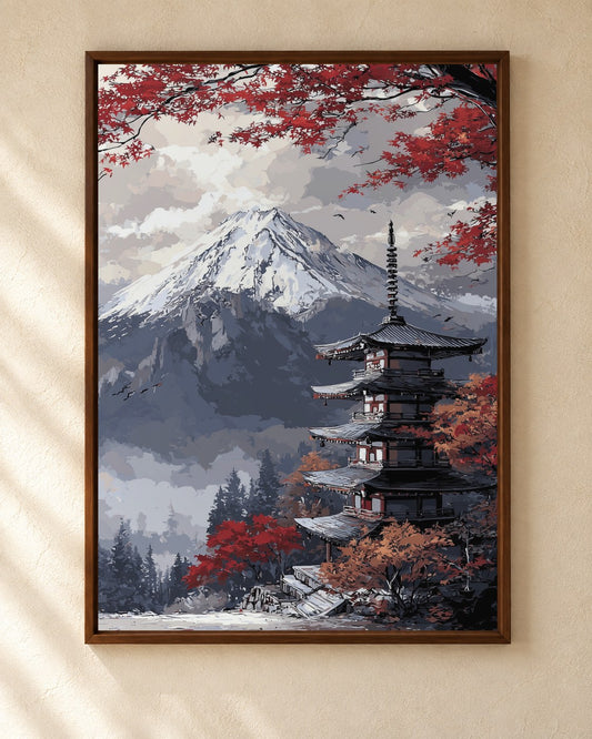Crimson Fuji Temple art print in a walnut frame on a cream plaster wall