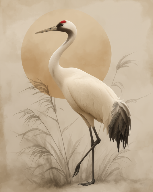 Ivory Crane Sun, a Japandi art print of a crane before a pale rising sun in ivory and soft beige