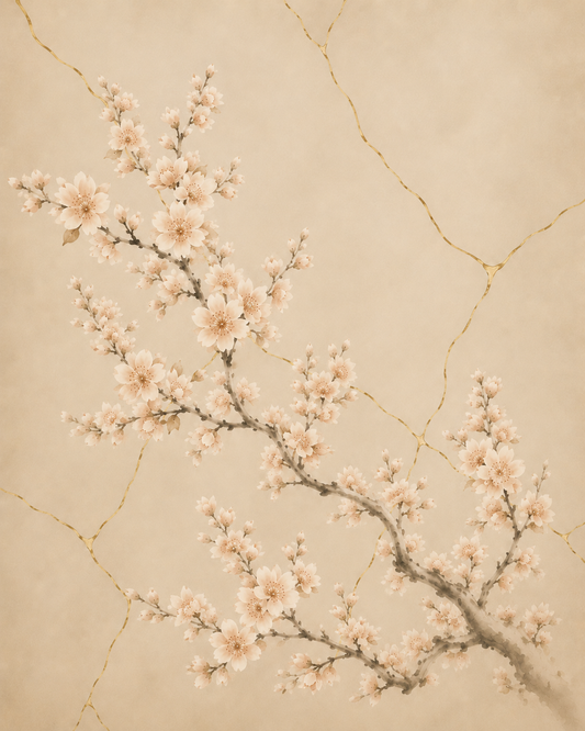 Ivory Kintsugi Bloom, a Japandi art print of a blossom branch with gold kintsugi lines on an ivory ground