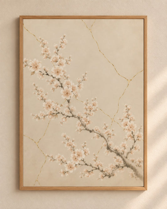 Ivory Kintsugi Bloom art print in a light oak frame on a pale plaster wall