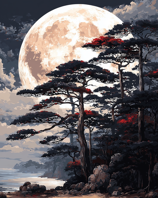 Moon Over Pines, a Japanese woodblock-style art print of a full moon above pine trees at night