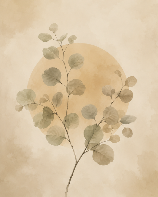 Ivory Eucalyptus Balance, a Japandi art print of eucalyptus branches in ivory and soft sage tones
