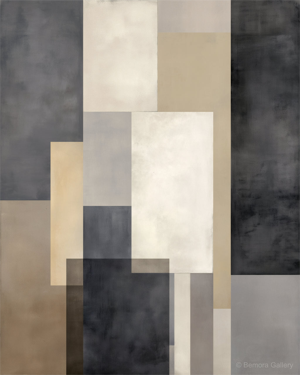 Graphite Sand Interval wall art — final artwork — cool graphite, near-black, warm sand, soft taupe, and ivory