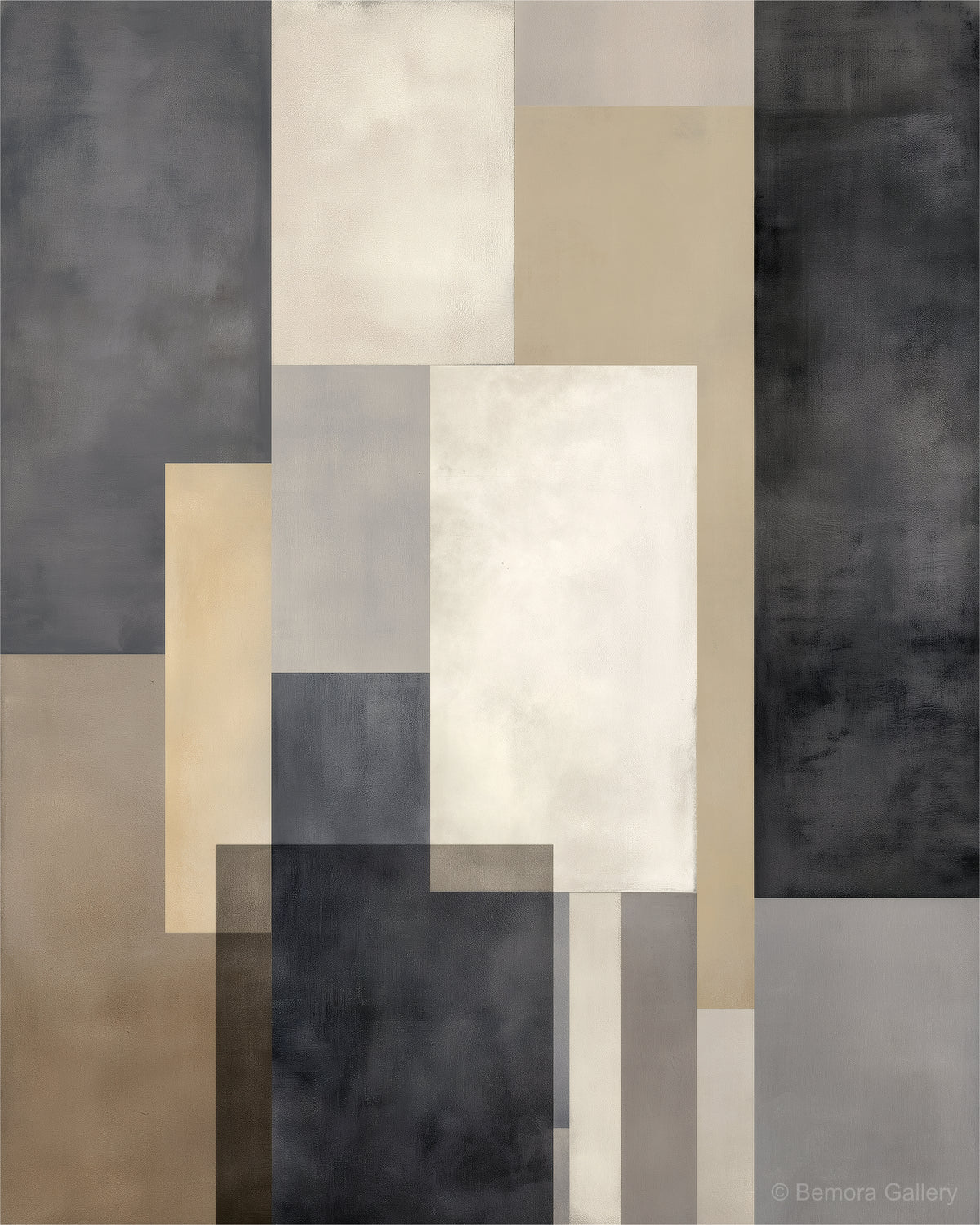 Graphite Sand Interval wall art — final artwork — cool graphite, near-black, warm sand, soft taupe, and ivory