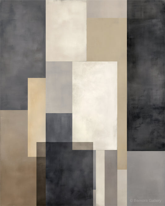 Graphite Sand Interval wall art — final artwork — cool graphite, near-black, warm sand, soft taupe, and ivory
