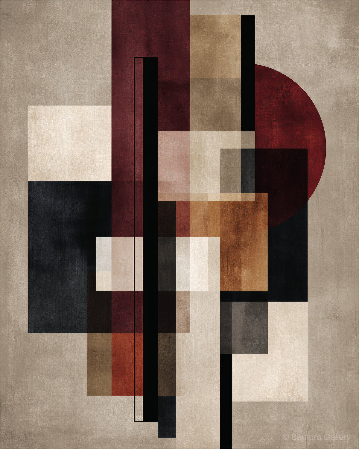 Oxblood Linen Balance wall art — final artwork — oxblood burgundy, warm linen, dusty taupe, charcoal black, and muted blush