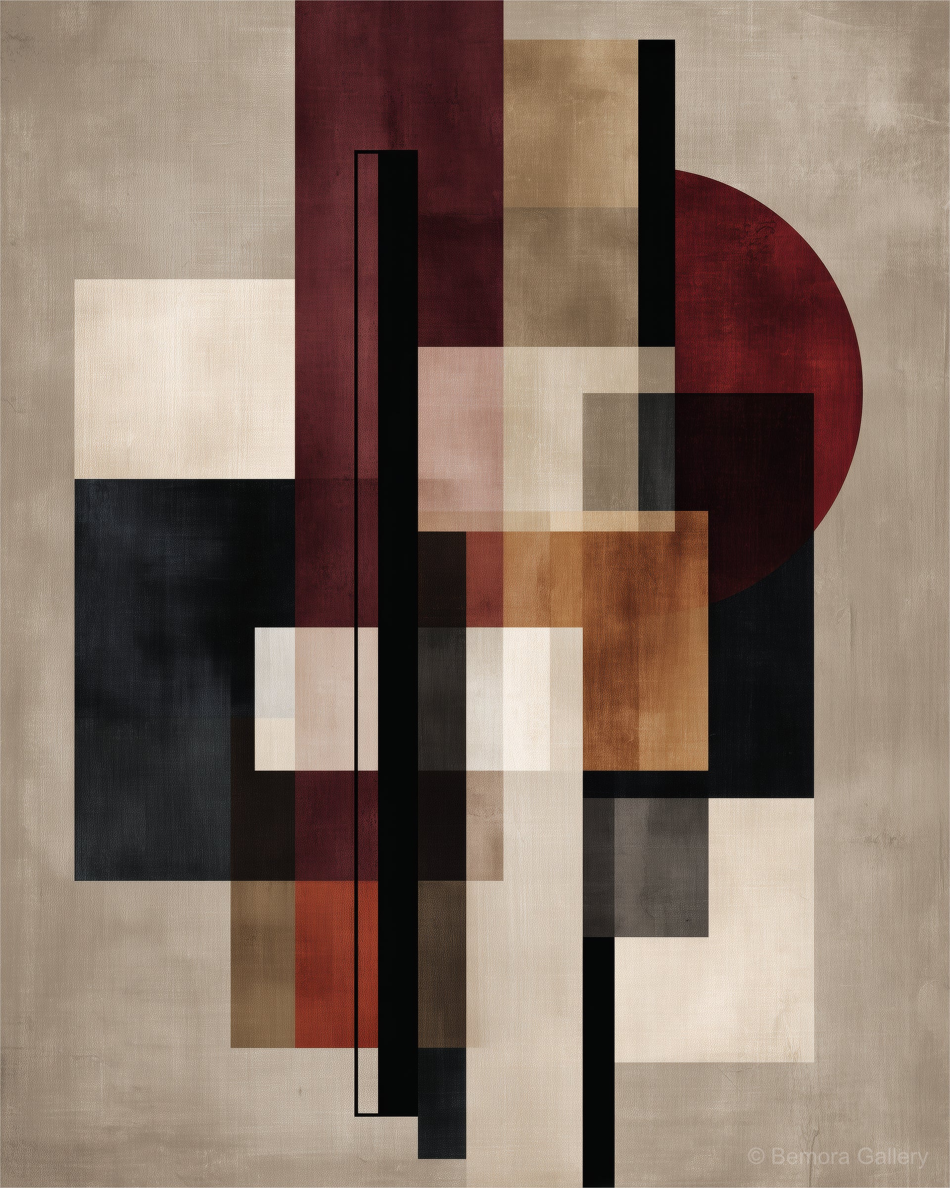 Oxblood Linen Balance wall art — final artwork — oxblood burgundy, warm linen, dusty taupe, charcoal black, and muted blush